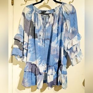 Woman's 1X Blouse in blues and white colors.